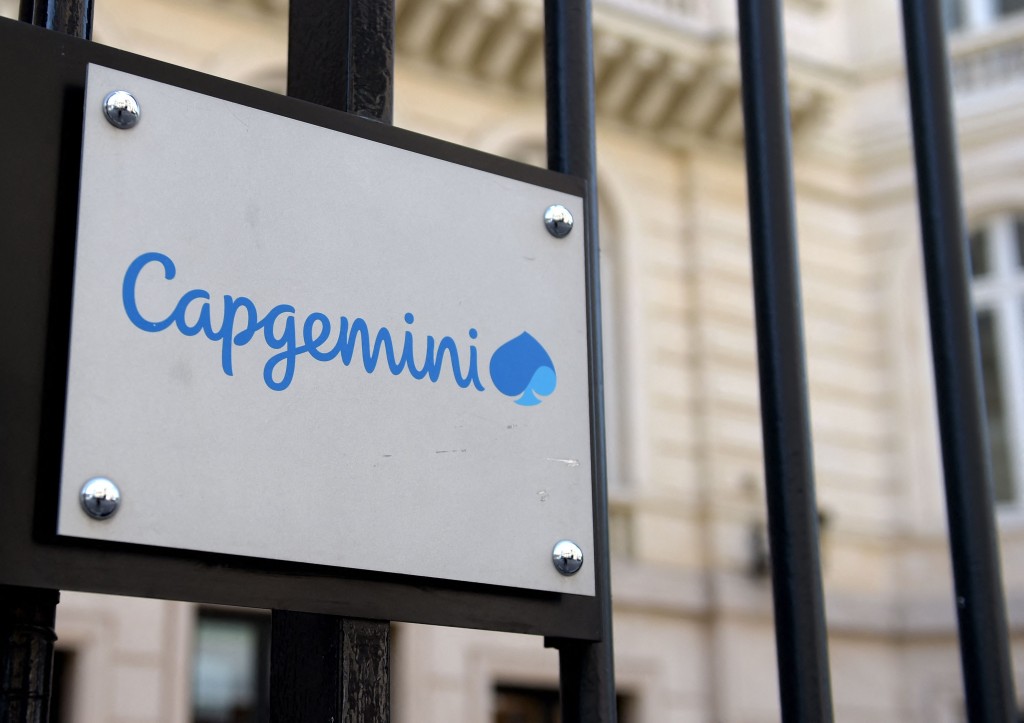 A logo of Capgemini at the company headquarters in Paris on June 25, 2019.  AFP
