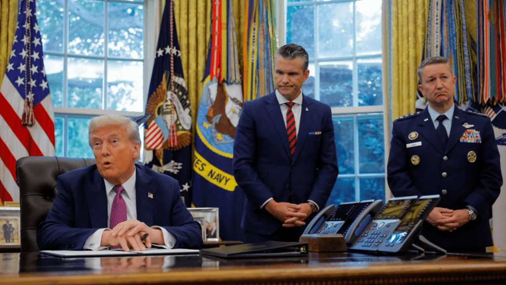 US President Donald Trump speaks with the media on the day of the signing of an executive order to rename the Department of Defense the "Department of War", accompanied by US Defense Secretary Pete Hegseth, in the Oval Office, at the White House in Washington, DC, US, September 5, 2025. (photo credit: REUTERS/BRIAN SNYDER)
