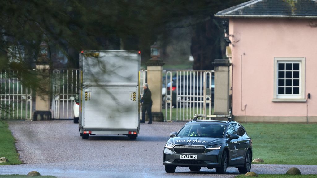 A removal van drives through an entrance to Royal Lodge. Reuters