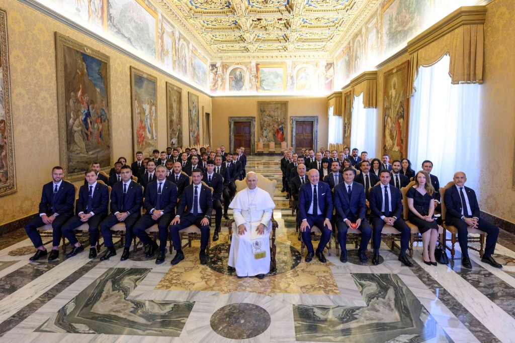 Pope Leo XIV meets with players and management from Inter Milan, winners of this season's Italian Serie A soccer league, during a private audience at the Vatican. (Reuters)