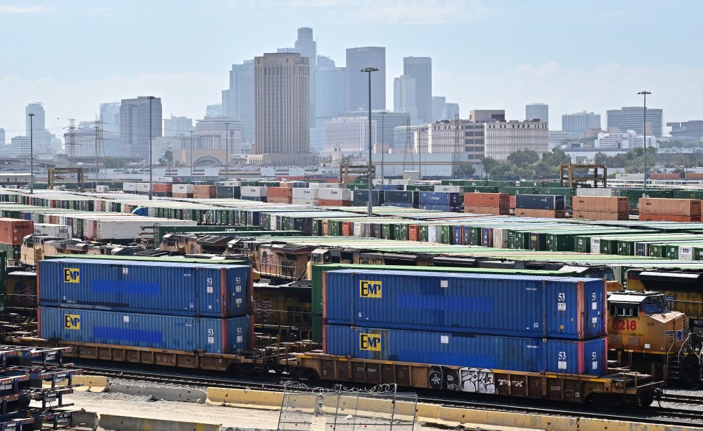 Shipping containers are seen at the rail yard at the LATC-Union Pacific Los Angeles Transportation Center on September 2, 2025 in Los Angeles. US President Donald Trump said on September 2, that he plans to seek a swift ruling from the Supreme Court as his administration pushes to overturn a court decision that found many of his tariffs illegal. "We're going to be going to the Supreme Court, we think tomorrow, because we need an early decision," Trump told reporters. (Photo by Frederic J. BROWN / AFP)
