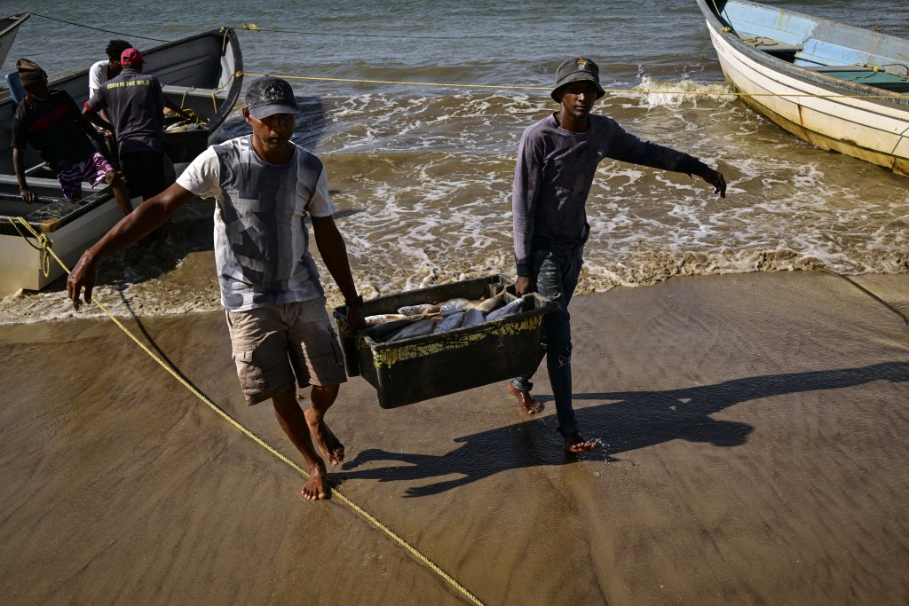 Photo by MARTIN BERNETTI / AFP  Local fishermen unload the day's catch from their boats on Cedros Beach in Cedros, Trinidad and Tobago, on October 28, 2025.
