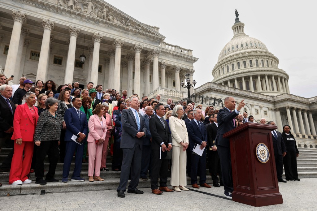Backed by fellow Democratic House members, U.S. House Minority Leader Hakeem Jeffries (D-NY) speaks on the steps of the U.S. Capitol ahead of a vote in House of Representatives on final passage of President Donald Trump’s sweeping spending and tax bill, in Washington, D.C., U.S., July 2, 2025. (Reuters)