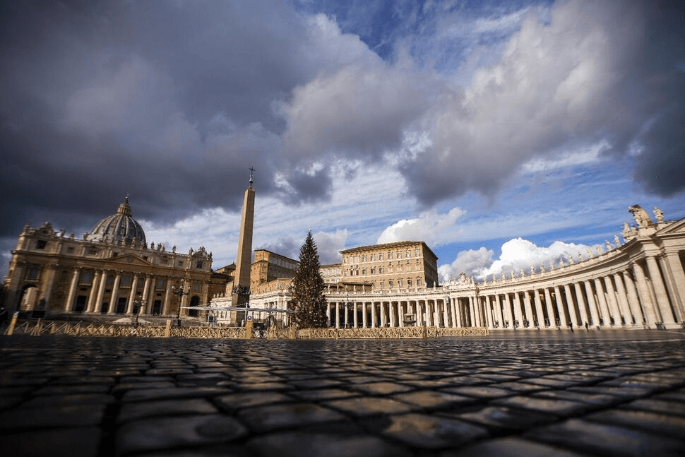 FILE - A view of the empty St. Peter's Square as Pope Francis is delivering the Angelus noon prayer from his studio, at the Vatican, Jan. 6, 2021. (AP Photo/Andrew Medichini, File)