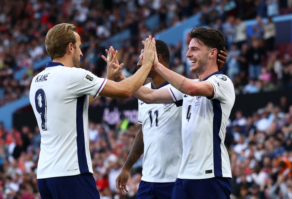  England's Declan Rice celebrates scoring their second goal with Harry Kane. (Reuters)