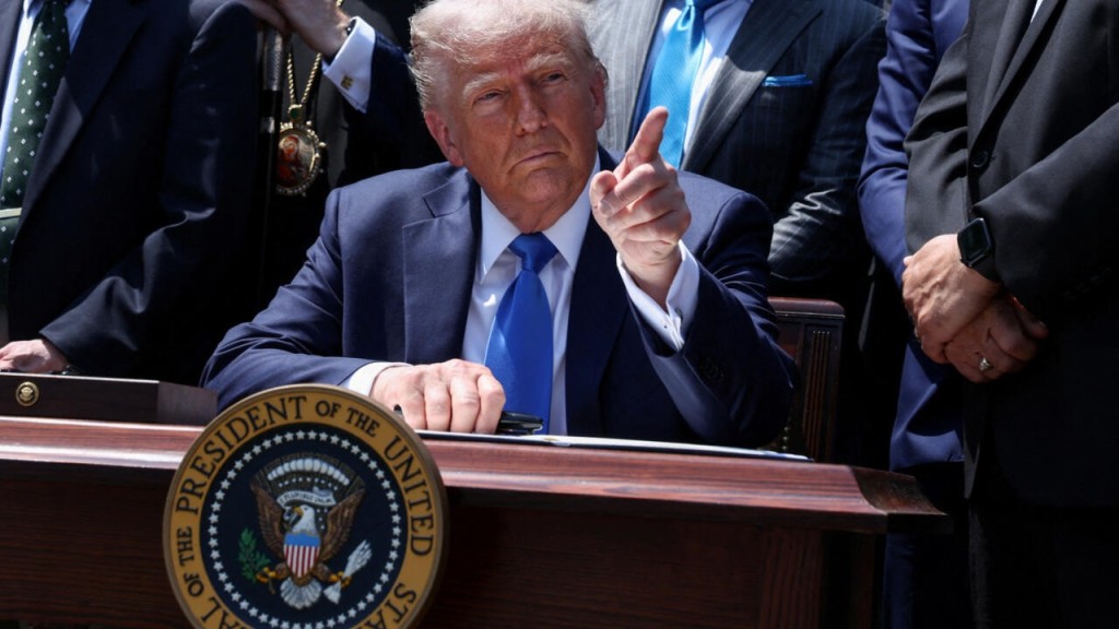 US President Donald Trump in the Rose Garden at the White House in Washington, DC, US, May 1, 2025. © Evelyn Hockstein, Reuters