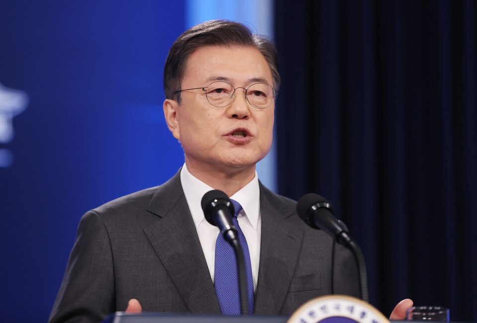 Moon Jae-in delivers his speech during a news conference at the Presidential Blue House in Seoul, South Korea, May 10, 2021. (Reuters)