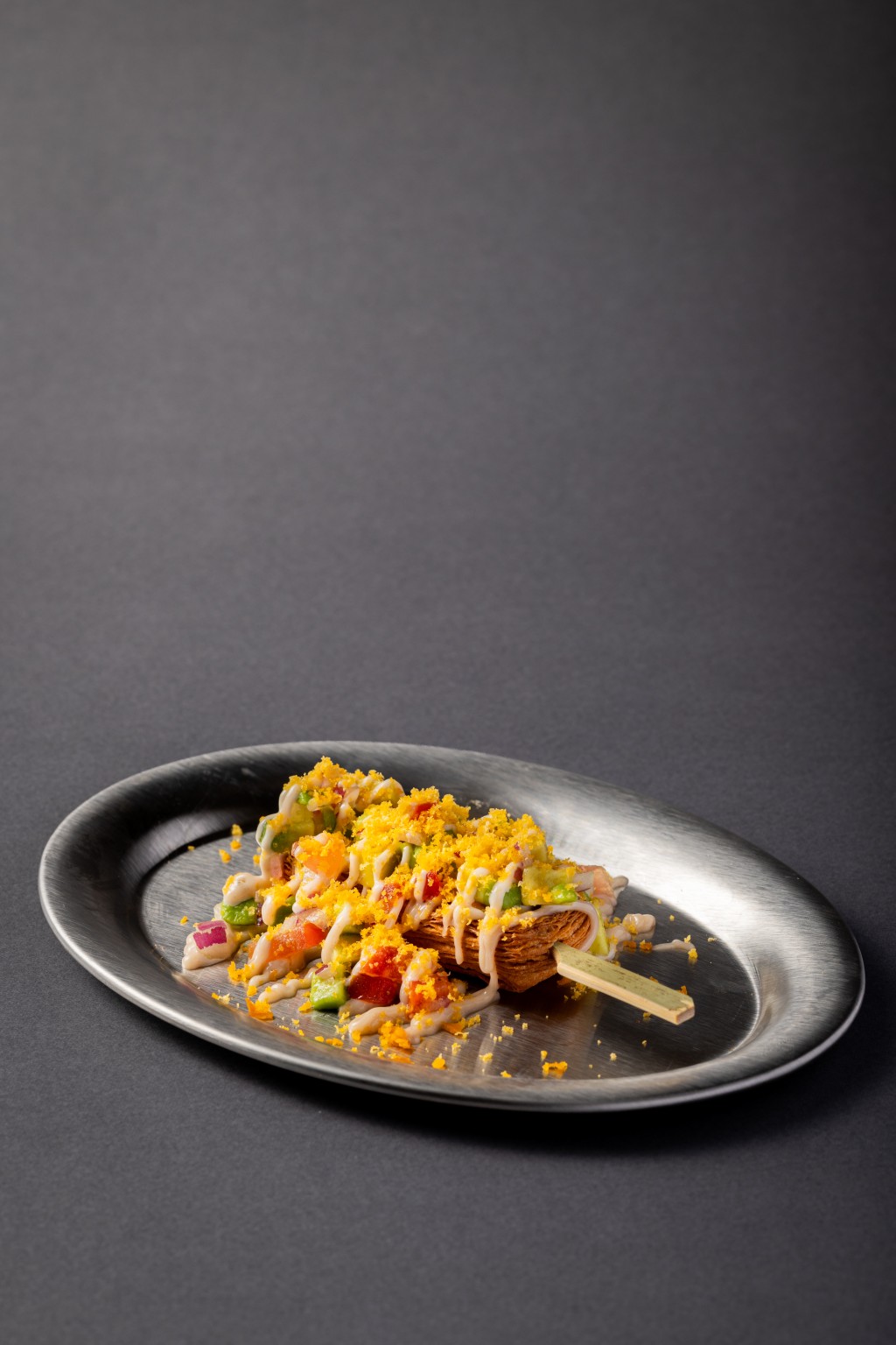 Fermented Bean Curd, Avocado & Tomato Tartare Pastry Skewer (Maxim’s Cakes, festival exclusive) - fermented bean curd and salted egg yolk add savory richness, balanced by creamy avocado and bright tomato tartare for a smooth, fresh and layered combination.