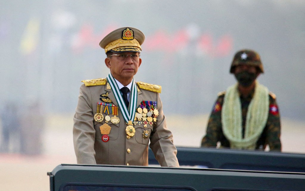 Myanmar junta chief Senior General Min Aung Hlaing, who ousted the elected government in a coup on February 1, 2021, presides over an army parade on Armed Forces Day in Naypyitaw, Myanmar, March 27, 2021. (Reuters)