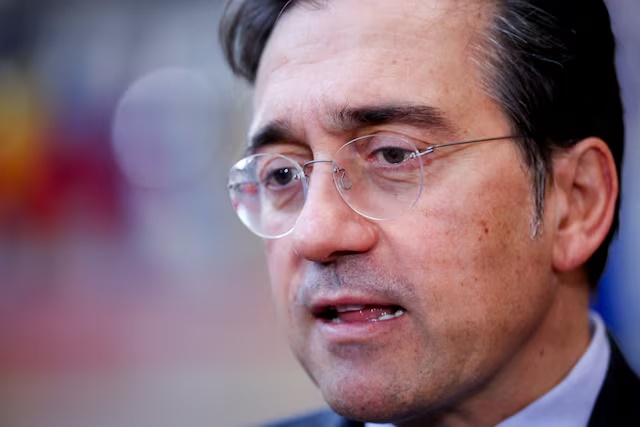 Spanish Foreign Minister Jose Manuel Albares speaks to the media on the day of an EU Foreign Affairs Council in Brussels, Belgium December 15, 2025. REUTERS/Omar Havana