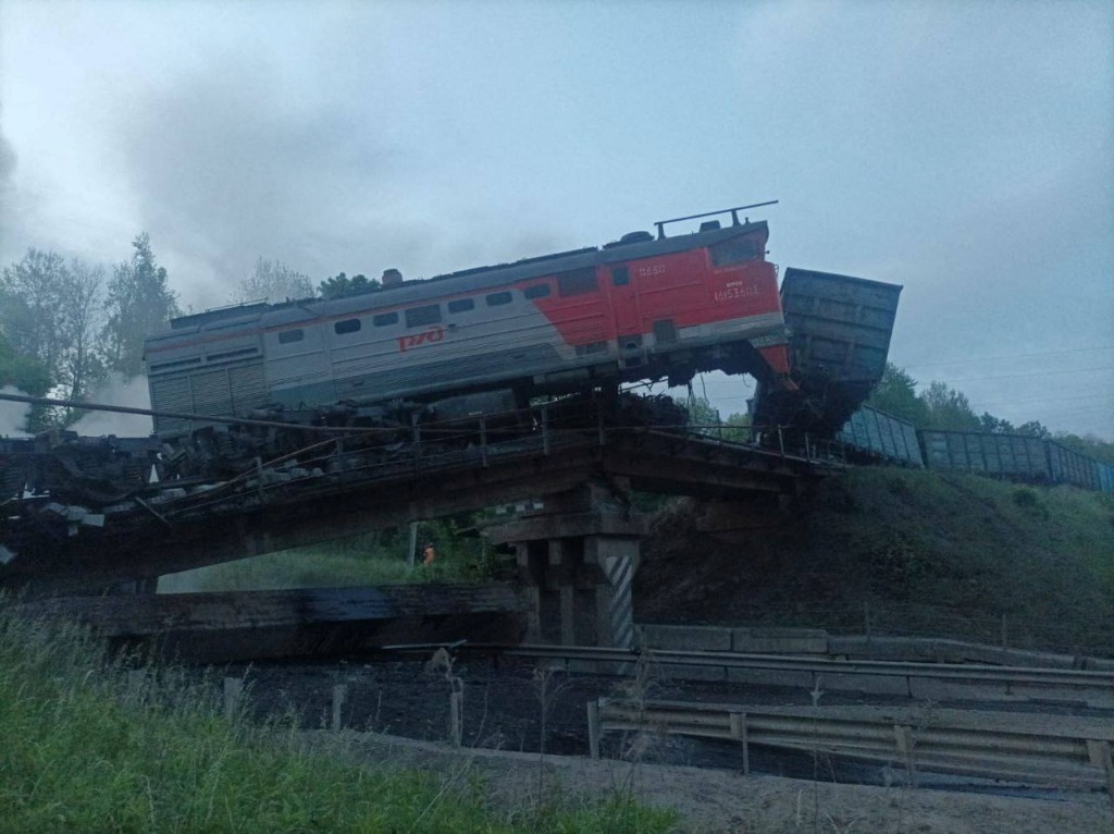 A views shows a damaged freight train at the scene following a railway bridge collapse in the Kursk region, Russia, in this picture published June 1, 2025. (Reuters)