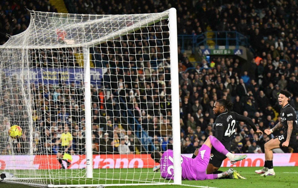  Antoine Semenyo scores the only goal in Manchester City's win over Leeds at Elland Road. AFP