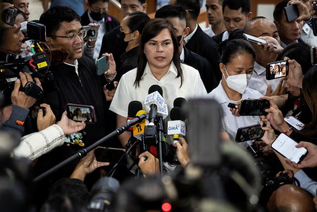 Philippine Vice-President Sara Duterte speaks to the media at the House of Representatives, in Quezon City, Philippines, November 25, 2024. REUTERS/Eloisa Lopez