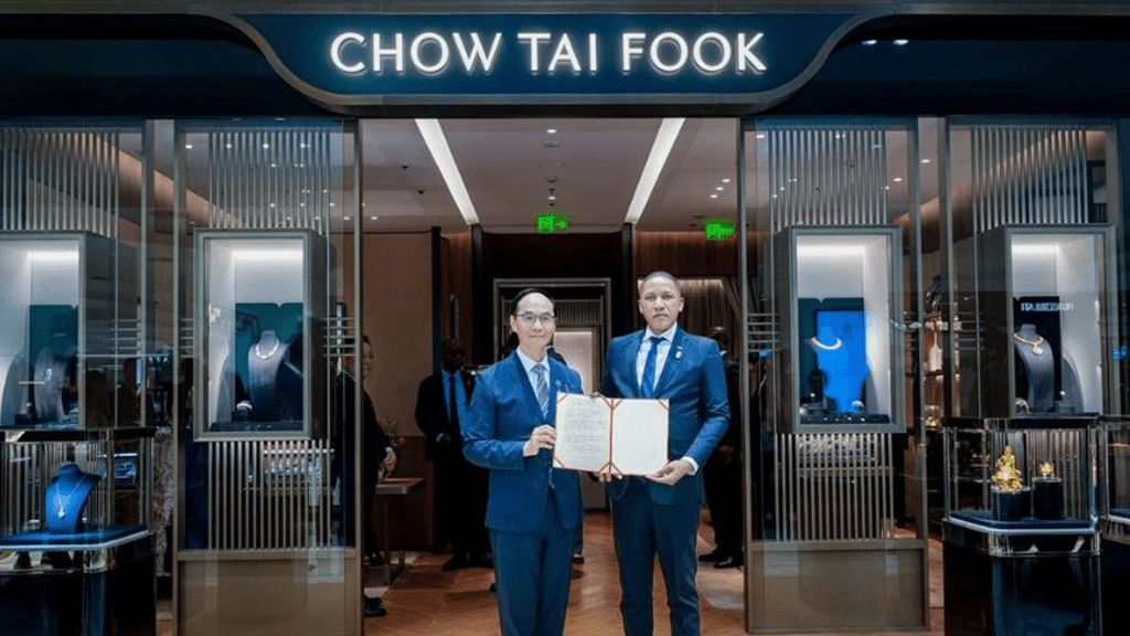 Kent Wong, Managing Director of Chow Tai Fook Jewellery Group (left) welcomes President of Botswana Duma Gideon Boko