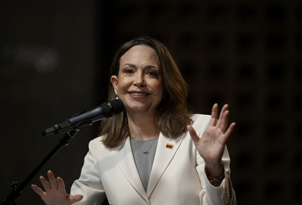 Venezuelan opposition leader and Nobel Peace Prize laureate Maria Corina Machado speaks during a press conference at the Andres Bello Catholic University in Caracas on October 29, 2026. (Photo by Federico PARRA / AFP)