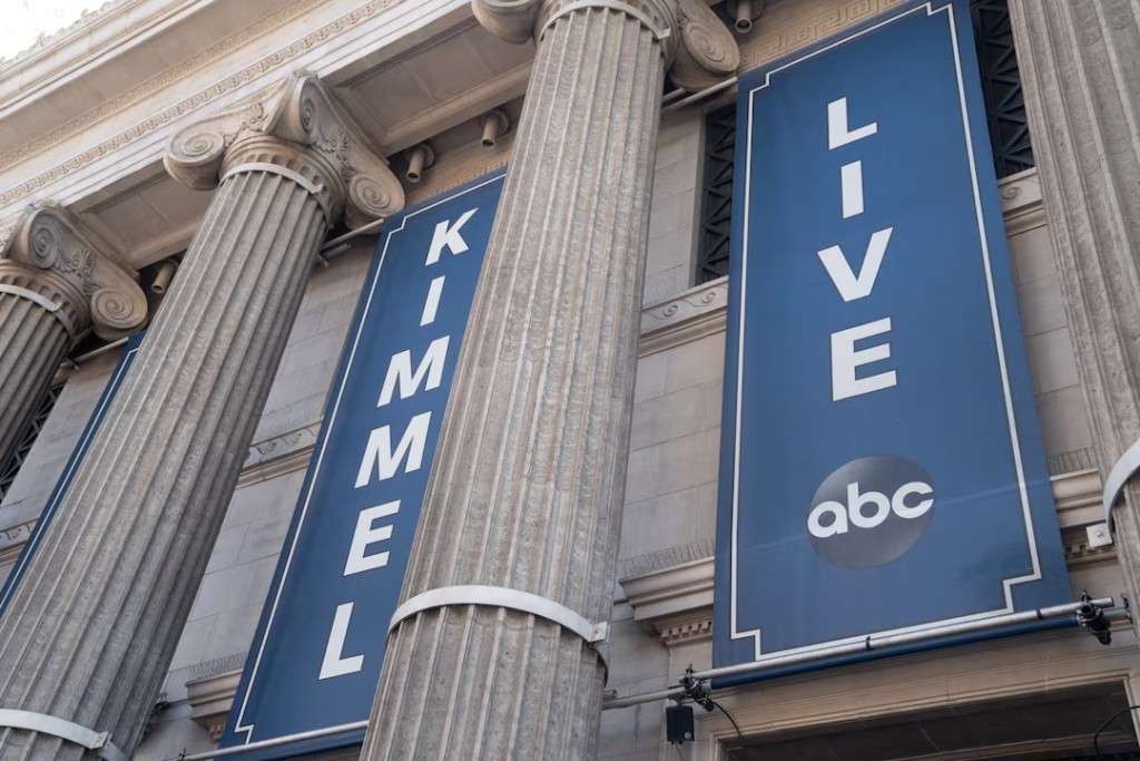Signage, before the taping of ABC's "Jimmy Kimmel Live!" show, at the El Capitan Entertainment Centre in the Hollywood district of Los Angeles, California, U.S. April 28, 2026. REUTERS/Lauren Justice
