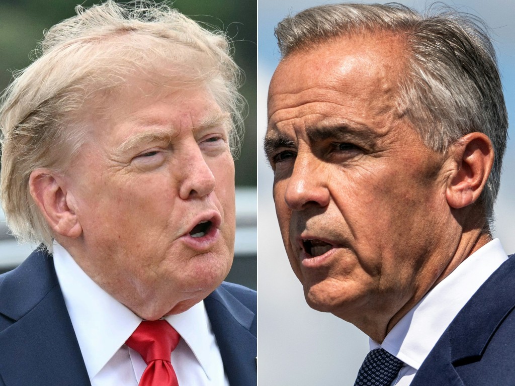 Photo by SAUL LOEB / AFP  This combination of pictures created on August 25, 2026 shows (L/R) US President Donald Trump in Myrtle Beach, South Carolina on August 21, 2026 and Canadian Prime Minister Mark Carney in Levis, Quebec, Canada on August 24, 2026.