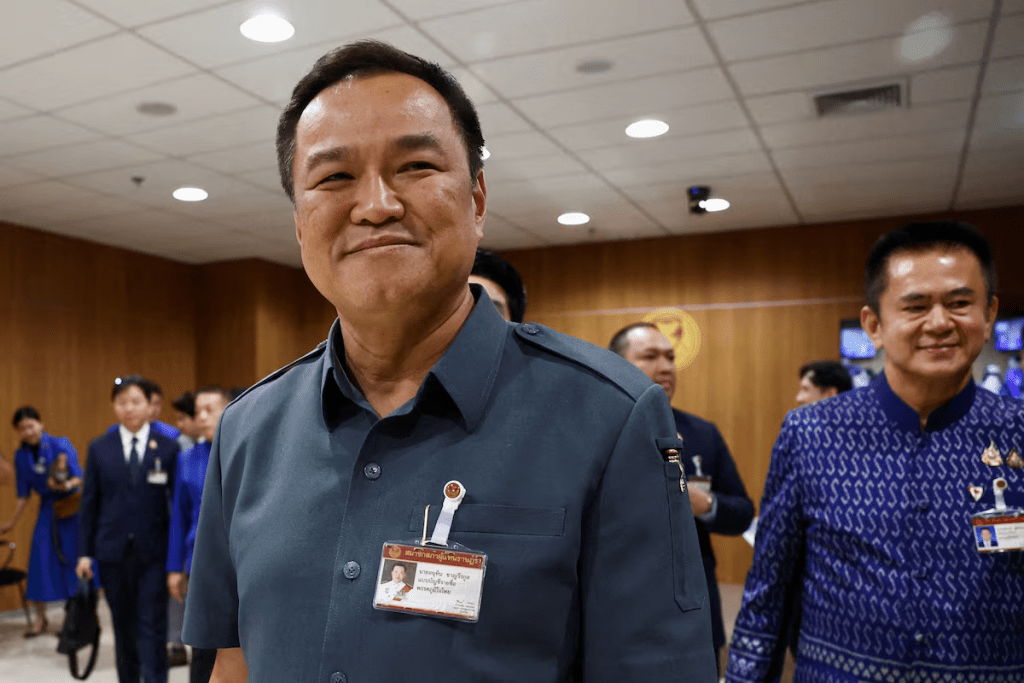 Thailand’s caretaker Deputy Prime Minister Anutin Charnvirakul and Bhumjaithai Party MPs attend a press conference at the parliament house ahead of a pivotal parliamentary vote on a new prime minister, in Bangkok, Thailand, August 15, 2024. REUTERS/Chalinee Thirasupa/File Photo
