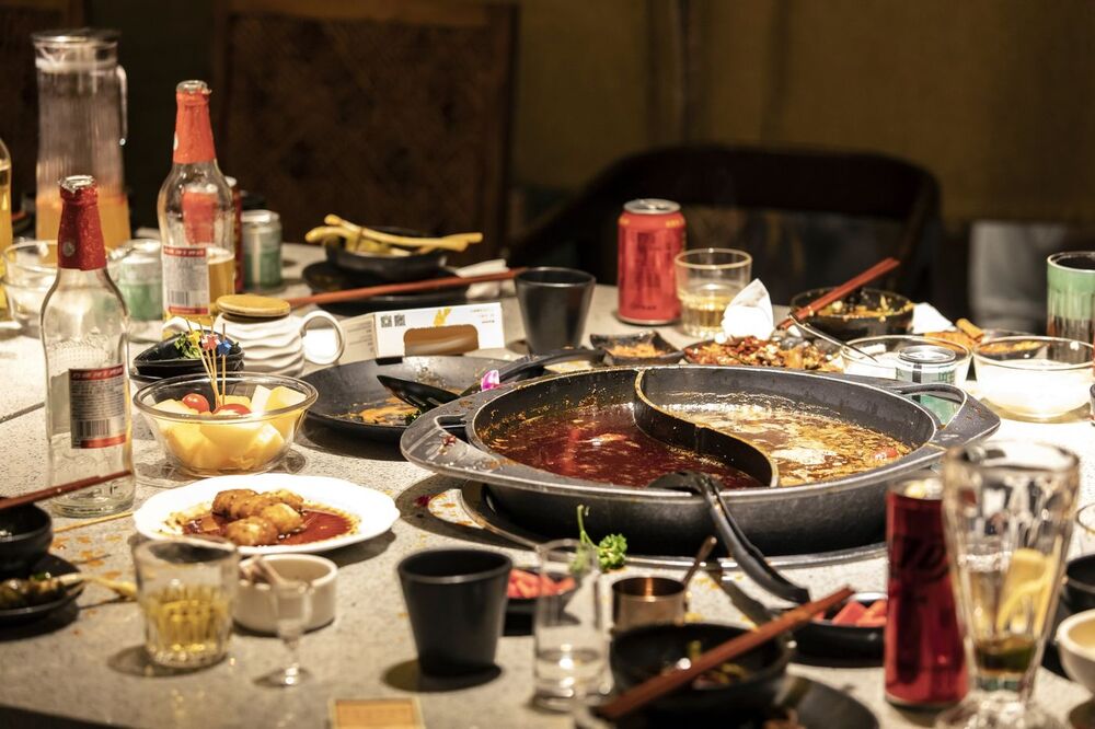 The remnants of a hot pot meal at a restaurant in Chengdu. (Bloomberg) 