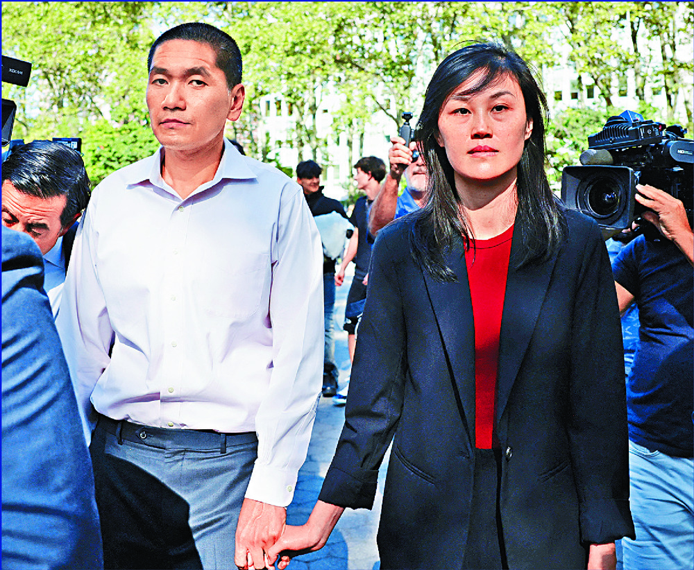 Linda Sun, a former aide to Kathy Hochul, top right, and Andrew Cuomo, walks outside the court with husband Chris Hu, who also faces various charges. Left and below: Sun is seen in photographs included in her federal indictment. REUTERS, AFP