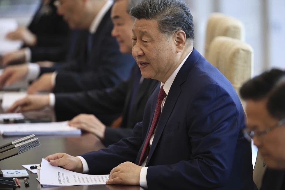 Chinese President Xi Jinping speaks during a bilateral meeting with Spanish Prime Minister Pedro Sanchez, unseen, at Diaoyutai Guest House in Beijing, China, Friday, April 11, 2025. (Reuters)