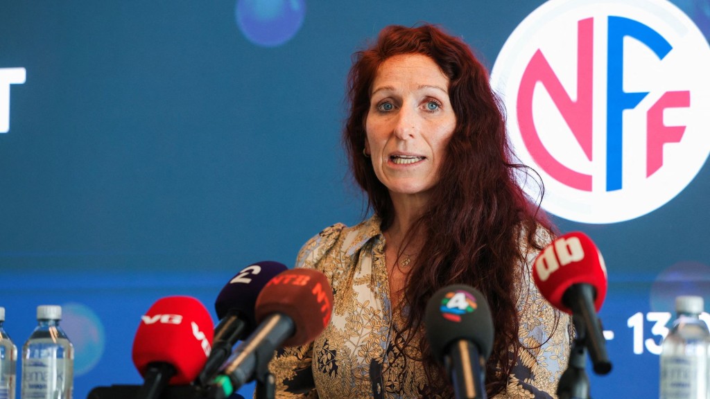 Lise Klaveness, President of the Norwegian Football Association (NFF) attends a press conference. Reuters