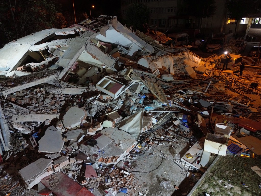 A drone view shows a building that collapsed following an earthquake in Sindirgi, in the western Balikesir province, Turkey, August 11, 2025. (Reuters)