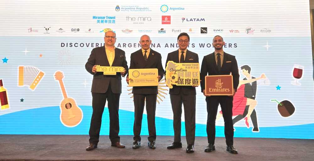 From left: Alexander Wassermann, Head of Hotels and Serviced Apartments at Miramar Group; Gonzalo Sabaté, Consul General of Argentina in Hong Kong; Alex Lee, General Manager of Miramar Travel; Sultan Alriyami, Area Manager Hong Kong at Emirates.