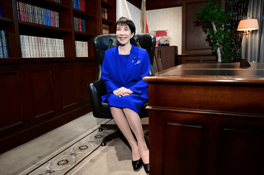 Sanae Takaichi, the newly elected leader of Japan's ruling Liberal Democratic Party (LDP), poses in the party leader's office after the LDP leadership election in Tokyo, Japan, October 4, 2025. (Yuichi Yamazaki/Pool via REUTERS)
