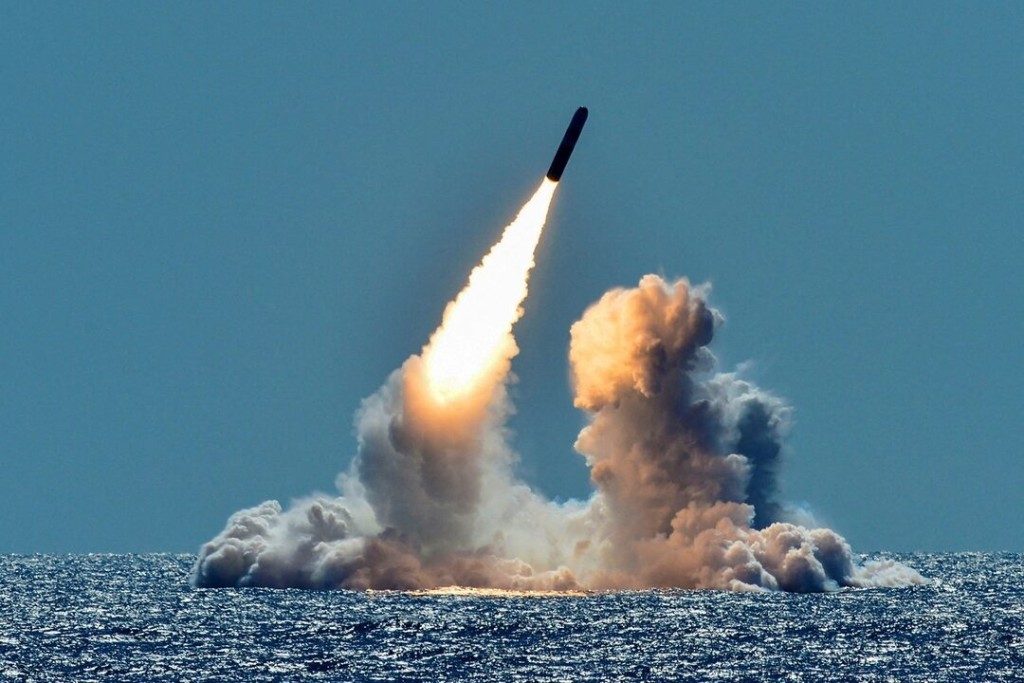 An unarmed Trident II D5 missile is test-launched from the Ohio-class U.S. Navy ballistic missile submarine USS Nebraska off the coast of California, U.S. March 26, 2018. U.S. Navy/Mass Communication Specialist 1st Class Ronald Gutridge/Handout via REUTERS/File Photo