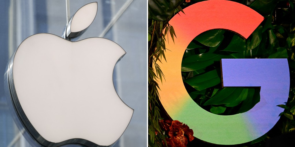 Photo by TOBIAS SCHWARZ / AFP  This combination of pictures created on January 12, 2026 shows, L,R, a picture taken in center Milan on May 30, 2019 showing the logo of American multinational company Apple and a Google logo pictured at a press conference in Berlin on November 11, 2025.
