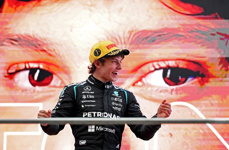 Kimi Antonelli celebrates his first Formula 1 Grand Prix success on the podium in Shanghai. AFP 
