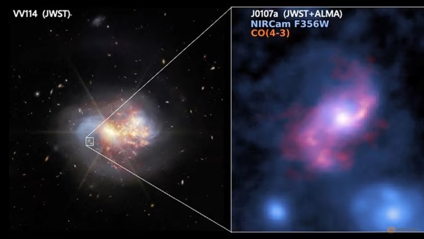 FILE PHOTO: A near-infrared image shows the nearby galaxy VV114 captured by NASA's James Webb Space Telescope, with the monster barred spiral galaxy J0107a in the background, captured by the Atacama Large Millimeter/submillimeter Array and NASA's James Webb Space Telescope, in this undated image. Stellar and molecular gas distribution of J0107a is shown on the right. NASA, ALMA (ESO/NAOJ/NRAO), Huang et al/Handout via REUTERS/File Photo