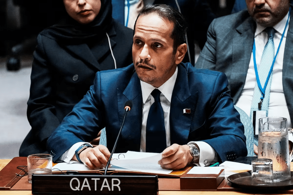 Qatar's Prime Minister and Minister for Foreign Affairs Sheikh Mohammed bin Abdulrahman bin Jassim Al-Thani addresses to delegates during an emergency meeting of the United Nations Security Council, following an Israeli attack on Hamas leaders in Doha, Qatar, at U.N. headquarters in New York City, U.S., September 11, 2025. REUTERS/Eduardo Munoz/File Photo 