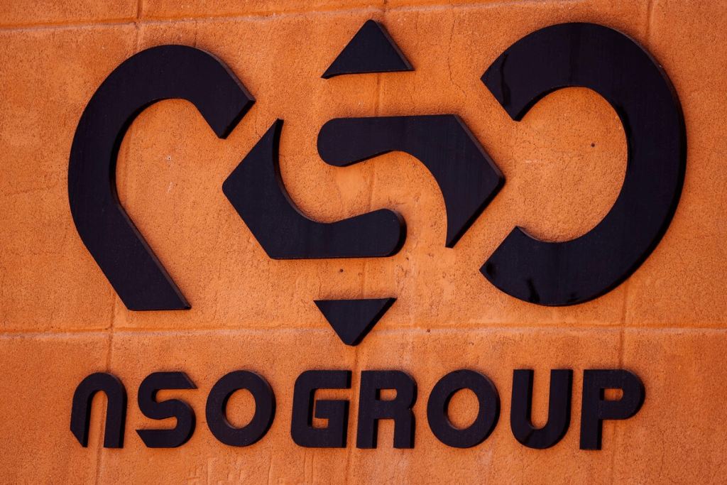 The logo of Israeli cyber firm NSO Group is seen at one of its branches in the Arava Desert, southern Israel July 22, 2021. REUTERS/Amir Cohen 