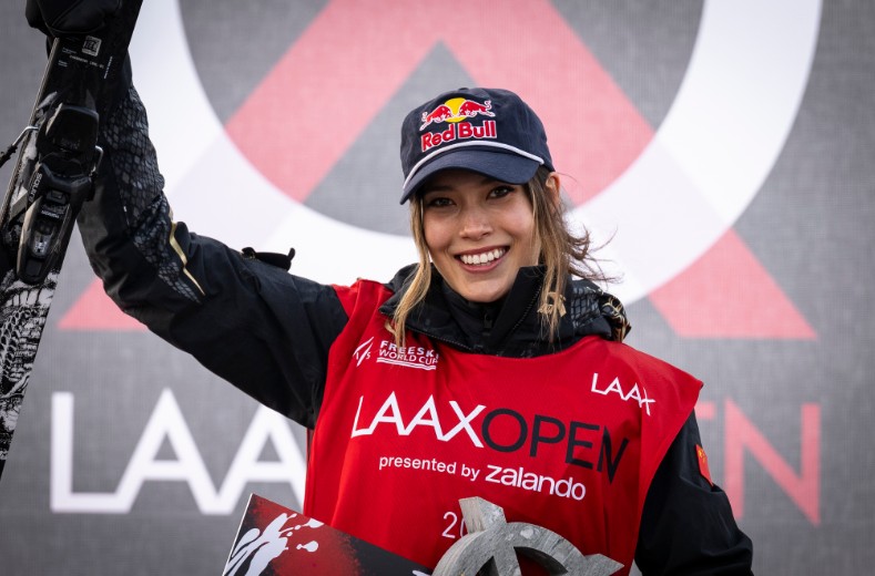 Eileen Gu of China celebrates victory in the freeski Slopestyle final at the Laax Open. AP