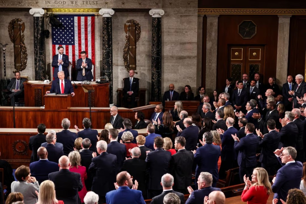  U.S. President Donald Trump delivers the State of the Union address in the House Chamber of the U.S. Capitol in Washington, D.C., U.S., February 24, 2026. REUTERS/KEVIN LAMARQUE