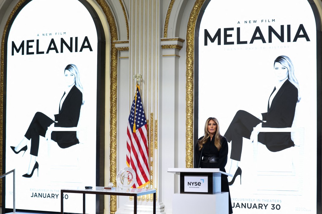 US First Lady Melania Trump delivers remarks prior to ringing the opening bell at the New York Stock Exchange (NYSE) in New York on January 28, 2026. (Photo by ANGELA WEISS / AFP)