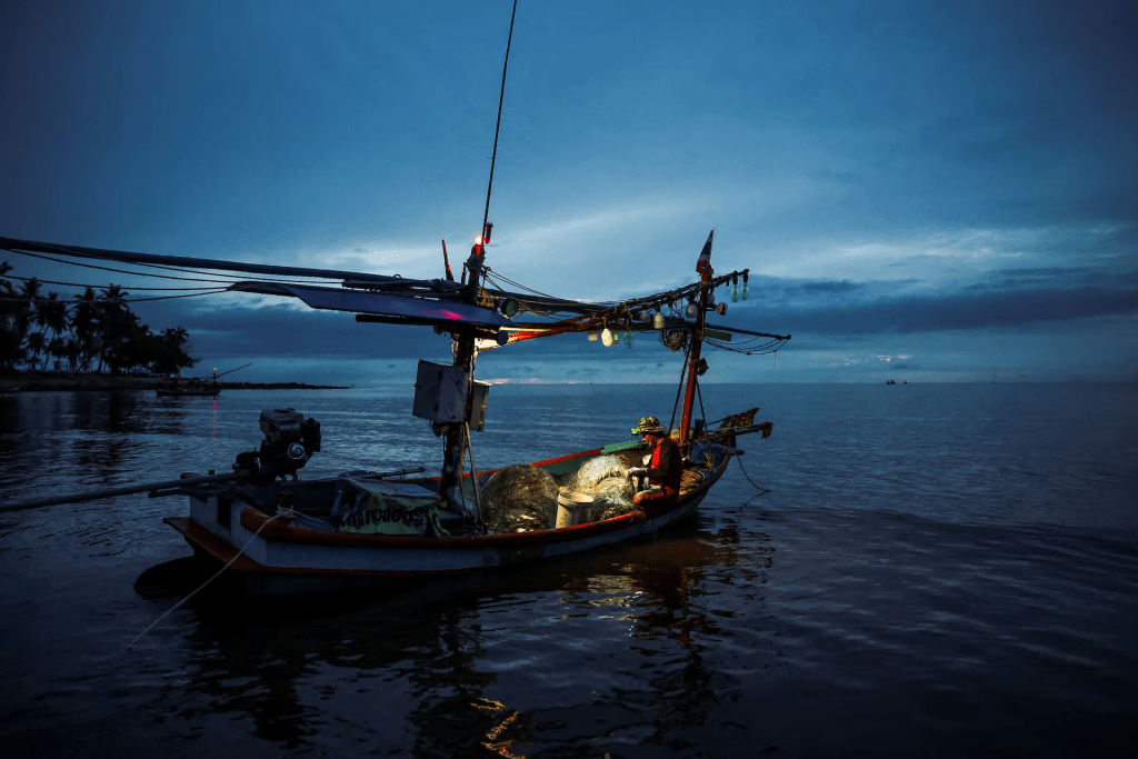 Banjop Kraithong, 54, a local fisherman, removes crabs from a fishing net in Lang Suan district, Chumphon province, Thailand, May 19, 2026. REUTERS/Chalinee Thirasupa 