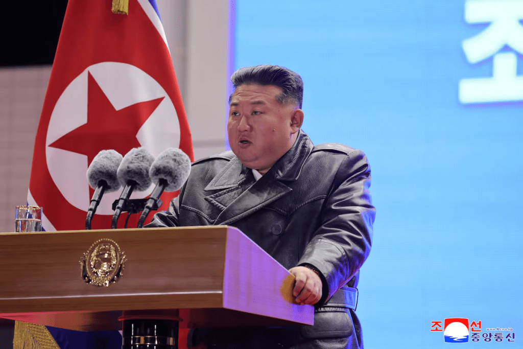 North Korean leader Kim Jong Un delivers a speech during an event to celebrate the Air Force's 80th anniversary, at the Kalma Airfield, in Wonsan, North Korea, November 28, 2025, in this picture released by North Korea's official Korean Central News Agency November 30, 2025. KCNA via REUTERS/File Photo