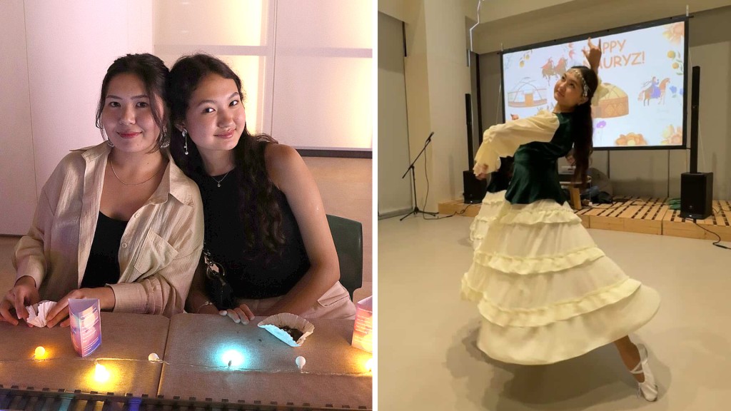 (Left) Dana Ospanova (L) and Dariga Shagayeva; (Right) Dariga Shagayeva performs the Kamazhai dance.