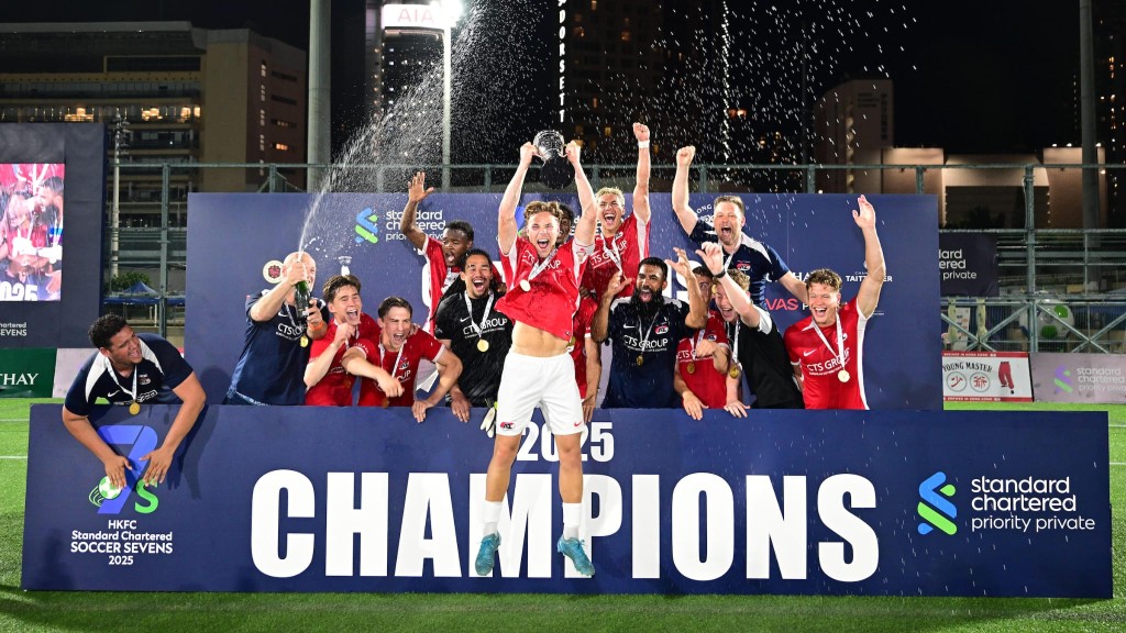 AZ Alkmaar players celebrate their win over Brighton in the Soccer Sevens final at Sports Road.