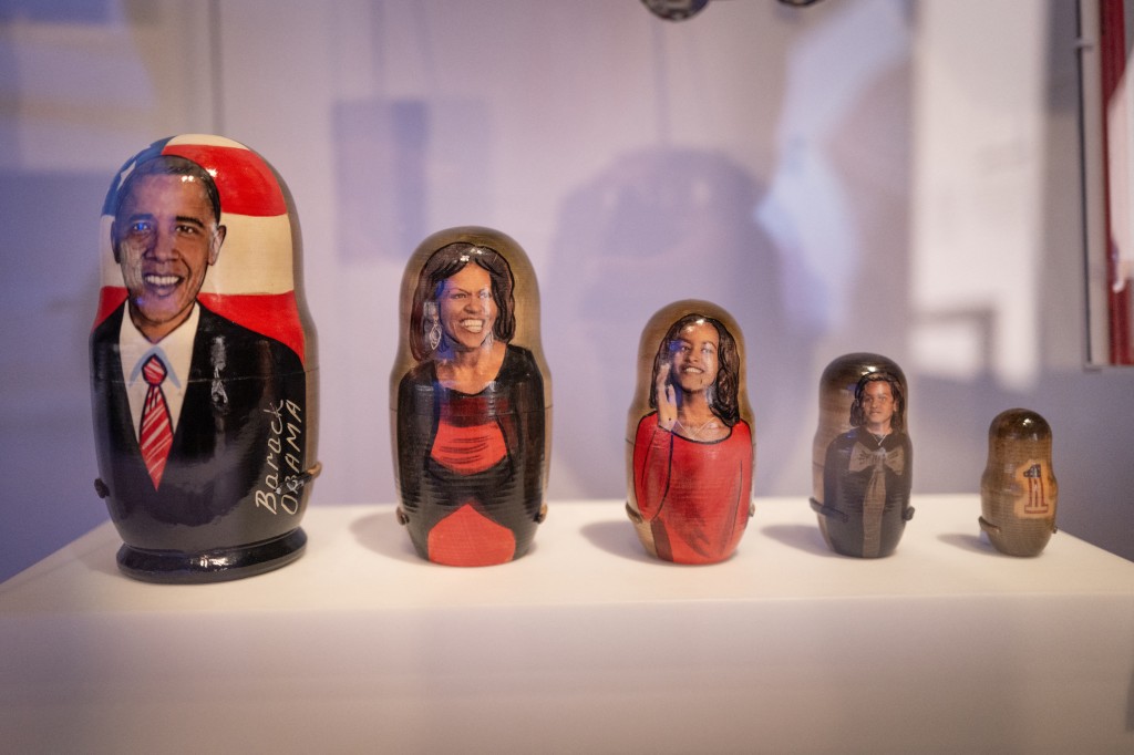 Nesting dolls featuring former President Barack Obama and his family are displayed in the museum at the Obama Presidential Center on June 03, 2026 in Chicago, Illinois. The Obama Presidential Center, which includes a museum, Library, playground and basketball court, opens to the public on June 19. Scott Olson/Getty Images/AFP 