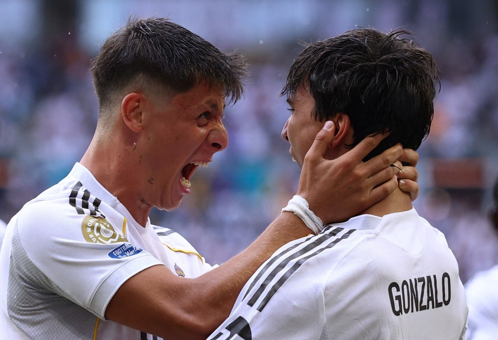 Real Madrid's Gonzalo Garcia celebrates scoring their first goal with Arda Guler. (Reuters)