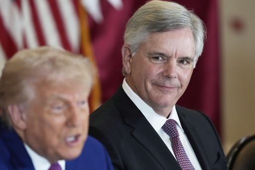 President Donald Trump speaks as Larry Culp, CEO of GE Aerospace smiles during a business roundtable, Thursday, May 15, 2025, in Doha, Qatar. (AP Photo/Alex Brandon)[ASSOCIATED PRESS/Alex Brandon]
