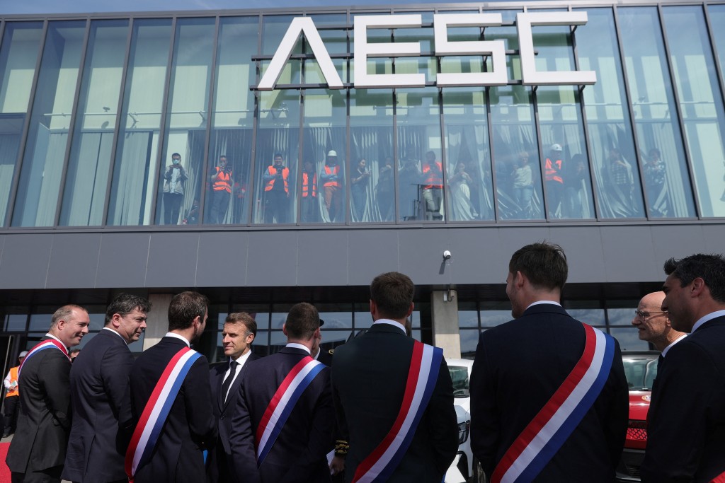 French President Emmanuel Macron arrives for a visit to the Envision AESC battery production plant in Douai, France, June 3, 2025. REUTERS