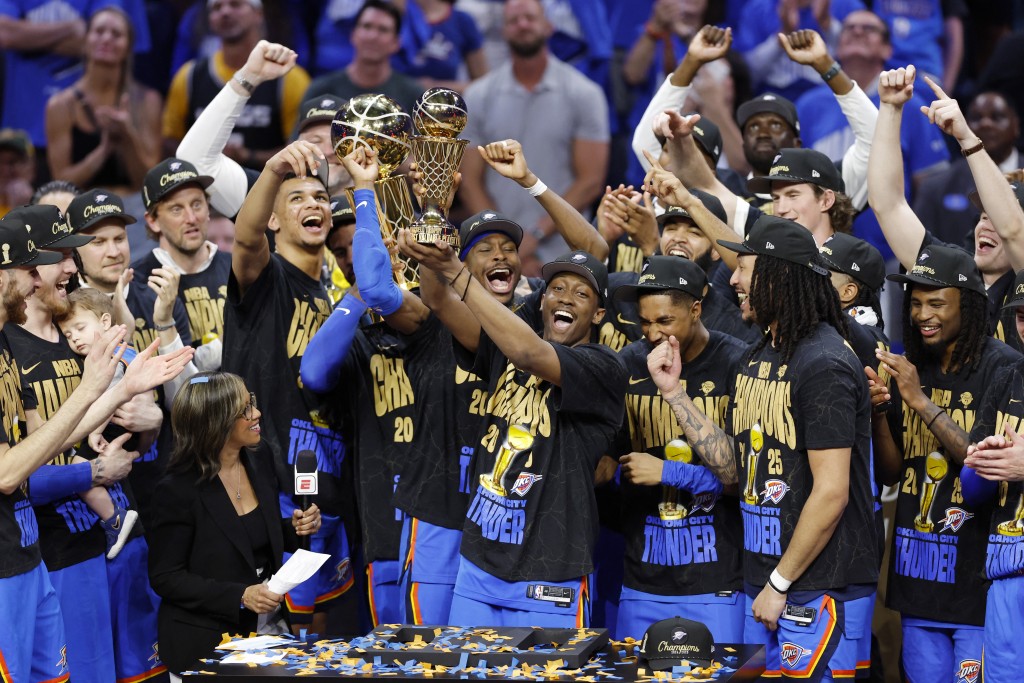 The Oklahoma City Thunder celebrate after winning game seven of the 2025 NBA Finals against the Indiana Pacers at Paycom Center. (Reuters)