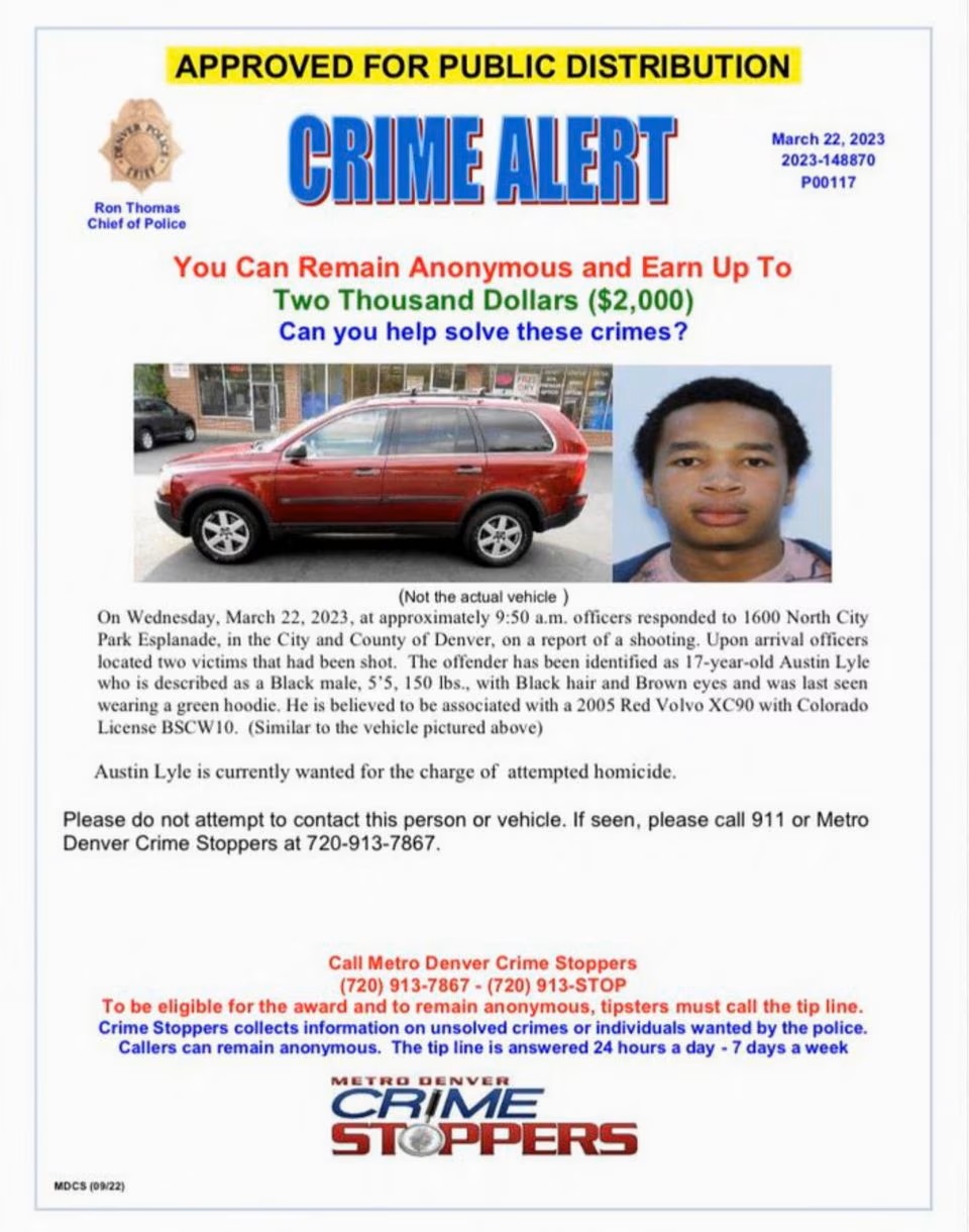 A wanted bulletin released by Denver police included a mugshot of a 17-year-old student identified by police as 17-year-old Austin Lyle sought in the school shooting in Denver, Colorado. (Reuters) A wanted bulletin released by Denver police included a mugshot of a 17-year-old student identified by police as 17-year-old Austin Lyle sought in the school shooting in Denver, Colorado. (Reuters)