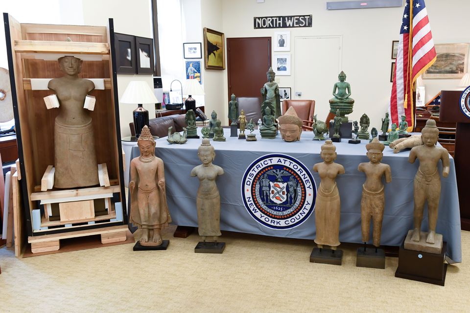 Antiquities to be repatriated to Cambodia are seen during a news conference at the Manhattan District Attorney's Office, in New York, U.S., June 9, 2021. Antiquities to be repatriated to Cambodia are seen during a news conference at the Manhattan District Attorney's Office, in New York, U.S., June 9, 2021.