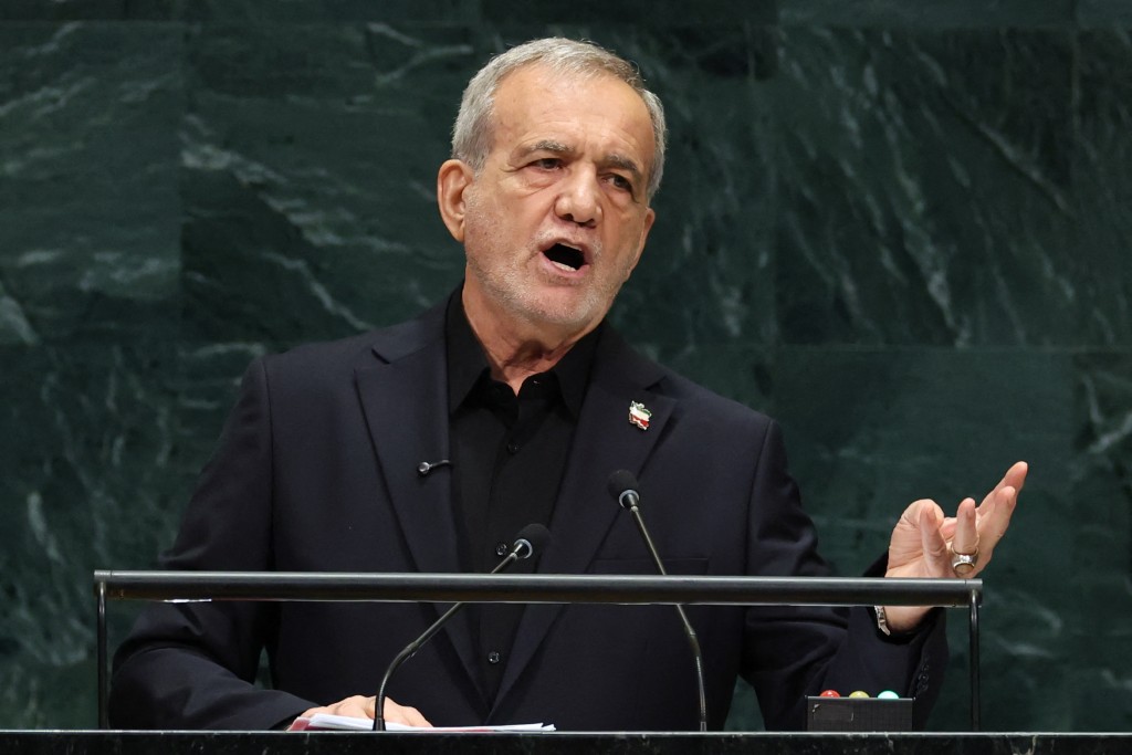 Iran's President Masoud Pezeshkian speaks during the 81st United Nations General Assembly at the United Nations Headquarters in New York, on September 23, 2026. (Photo by TIMOTHY A. CLARY / AFP)